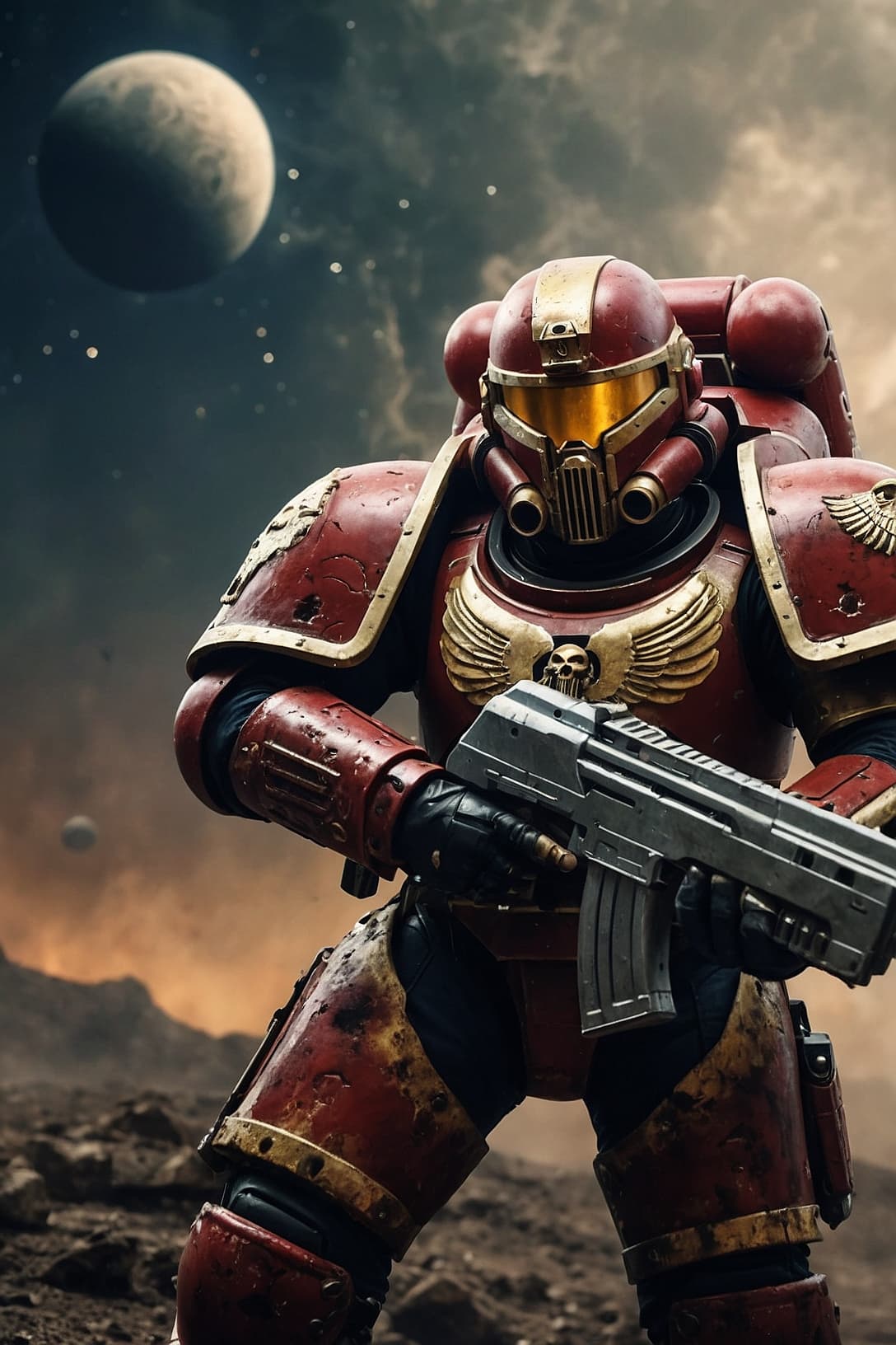 AI generated: epic portrait of a Spacemarine ,Warhammer 40000, photo, dynamic lights, realistic, 8 k,on an alien m...