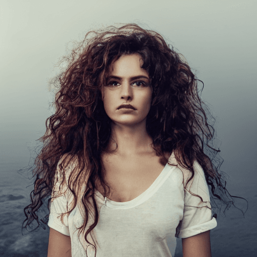 AI generated: Portrait photo of an open and proud looking, beautiful model-like Galician woman with long curly bro...