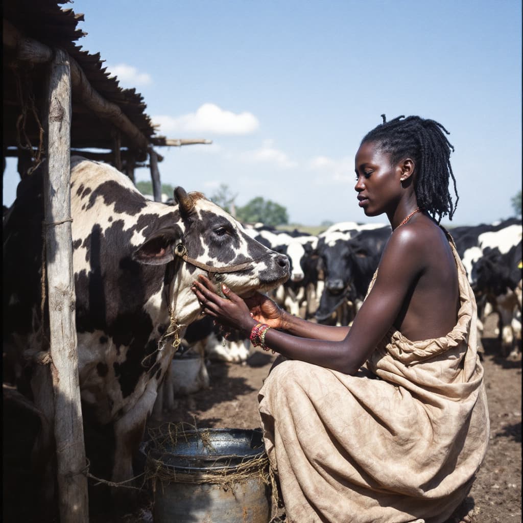 AI generated: A clear image of a black girl milking a cow in the cattle camp, in an open place showing lots of cow...
