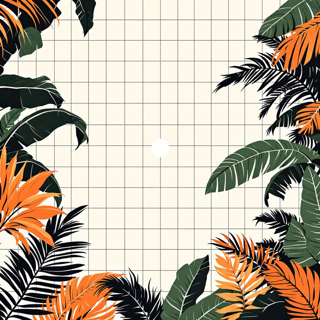 AI generated: graphic jungle scene illustration background for a 3x3 grid. the gridlines are very thin. in the cen...