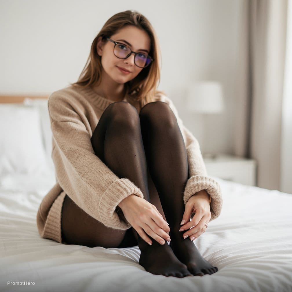 AI generated: preciosa joven mujer desnuda con gafas y pantimedias negras. sentada en la cama con las piernas enco...