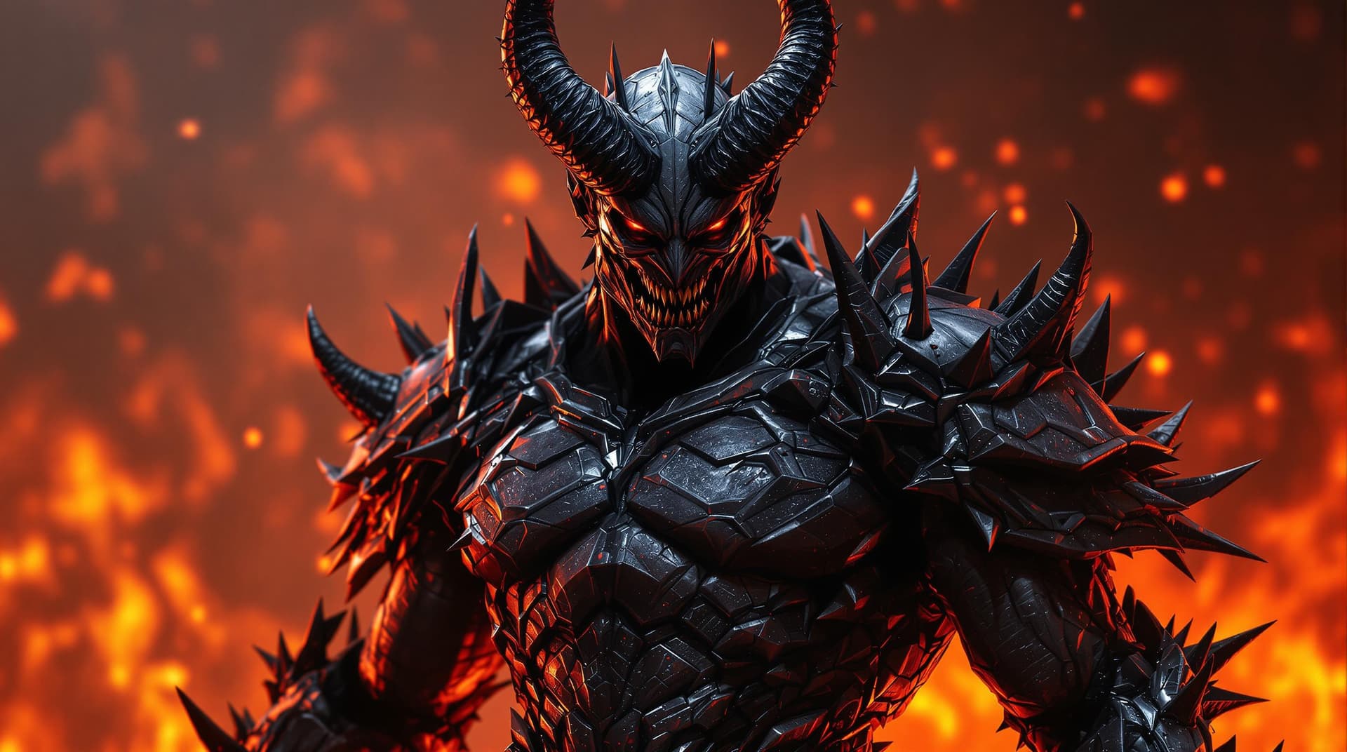 AI generated: Brutal devil looking fighter, bark fire background,4k, carbon armor with spikes, zoom out full body