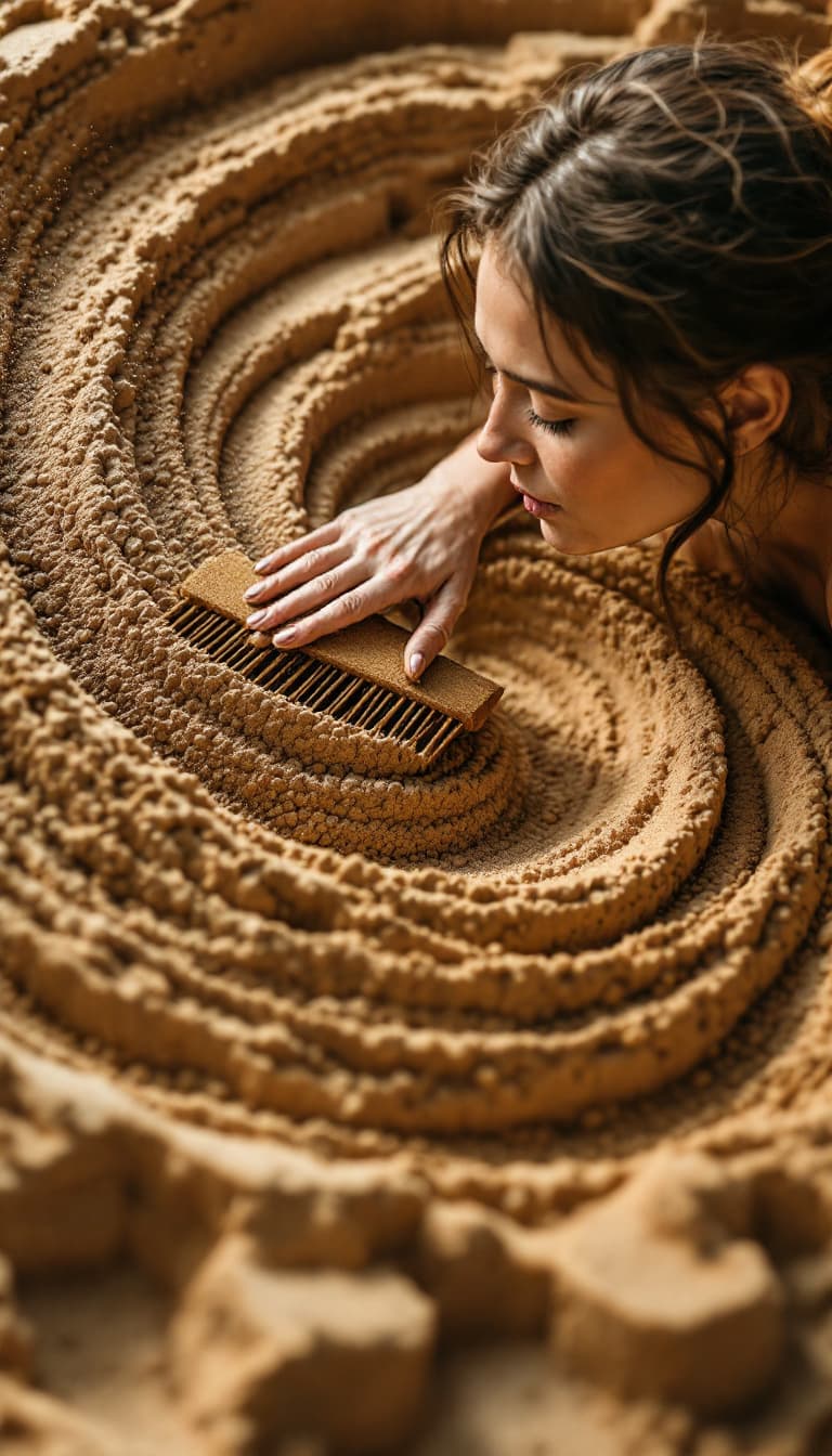 AI generated: Kinetic Sand Art, Shifting Textures, Ephemeral Forms, Meditative, Woman Holding a Rake Shaping, Conc...