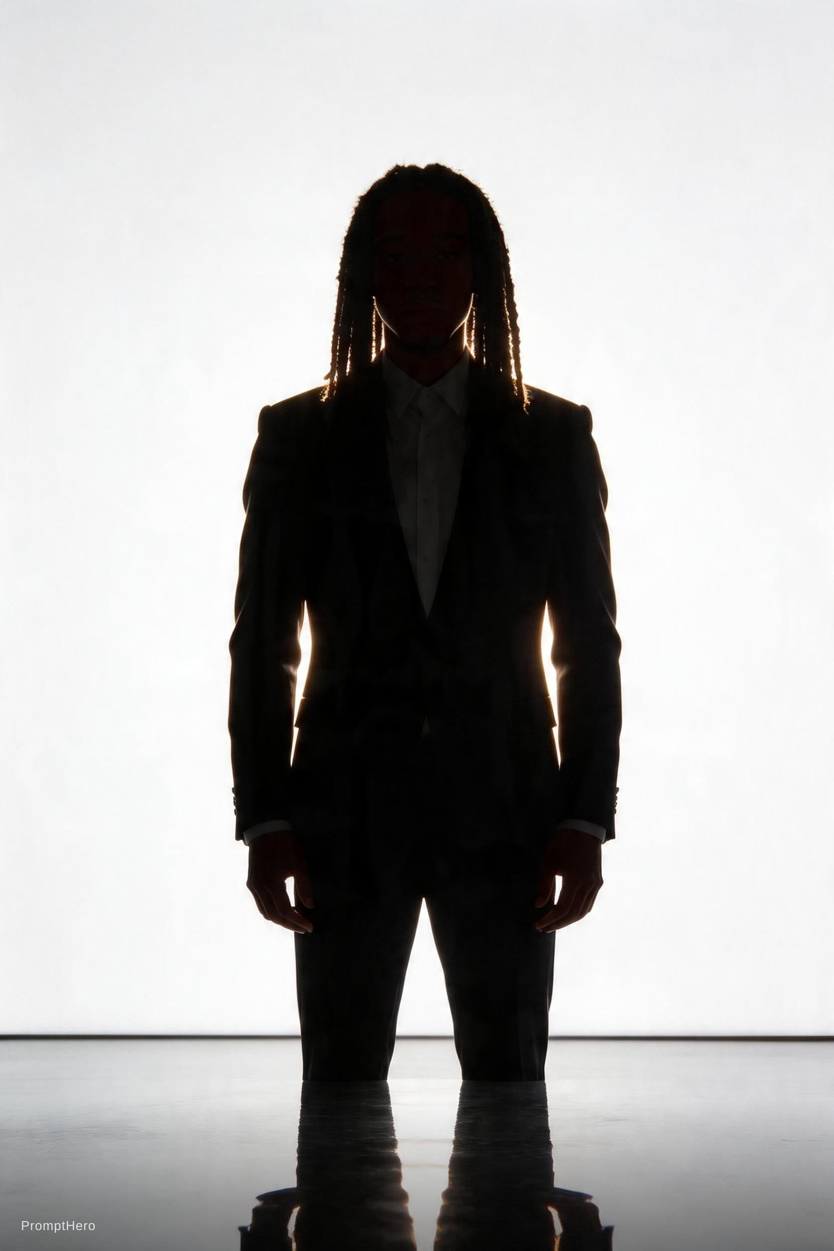AI generated: Capture a male model's silhouette, white backdrop in photo studio, strong backlit lighting creating ...