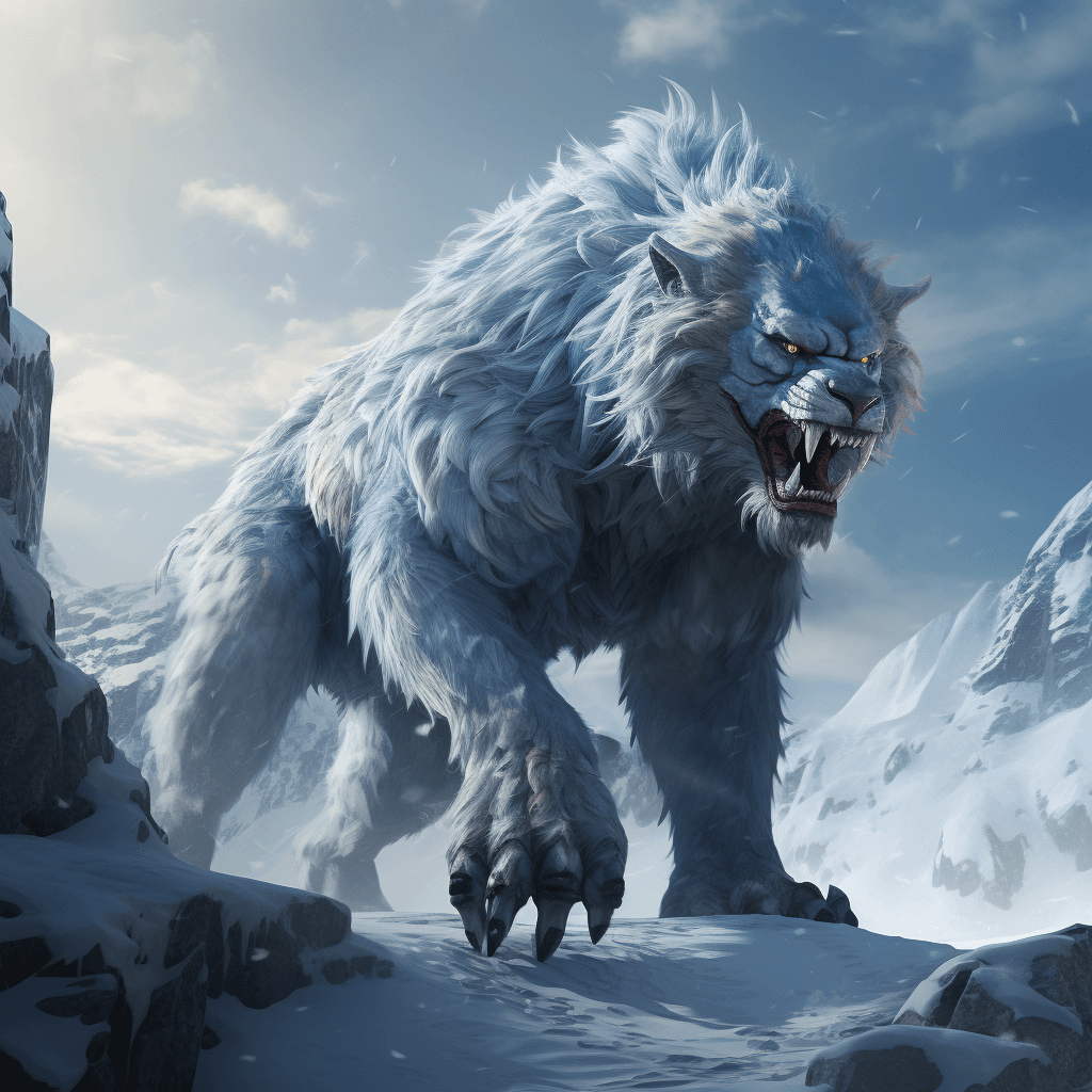 AI generated: a giant wolves creature near the mountains and ice and snow, in the style of primitivist frenzy, man...