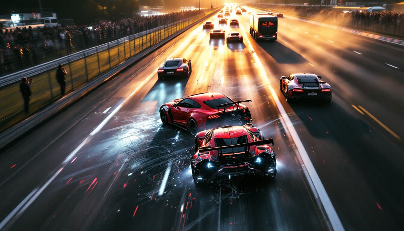 AI generated: The race track is well lit by sunlight.    Tensions are rising. EMERGENCY on the track!  There has b...