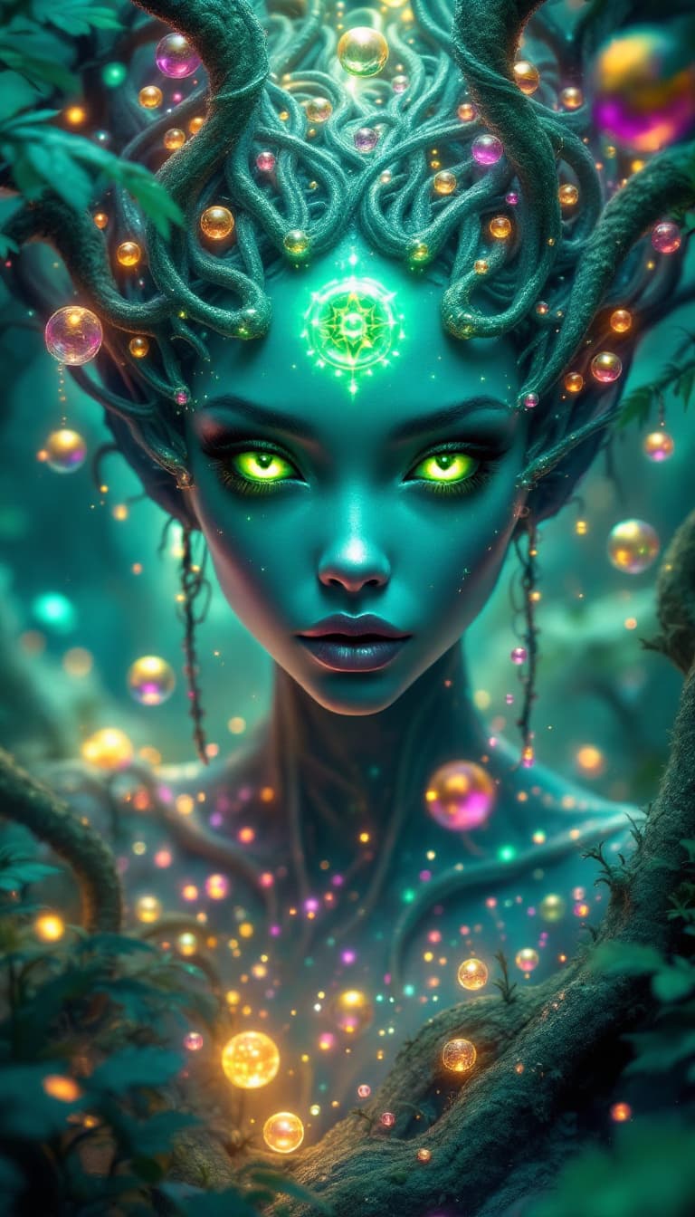 AI generated: Surreal 4k painting of a beautiful alien princess with expressive green eyes and cosmic features. He...