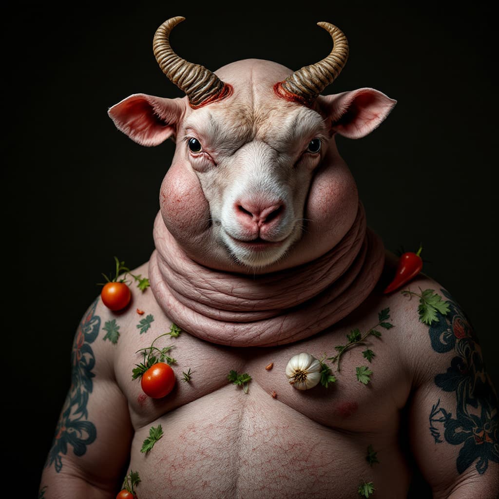 AI generated: photo close up, studio portrait, hairless, shaved, no hair , bald shaved big fat lamb tattooed thin ...