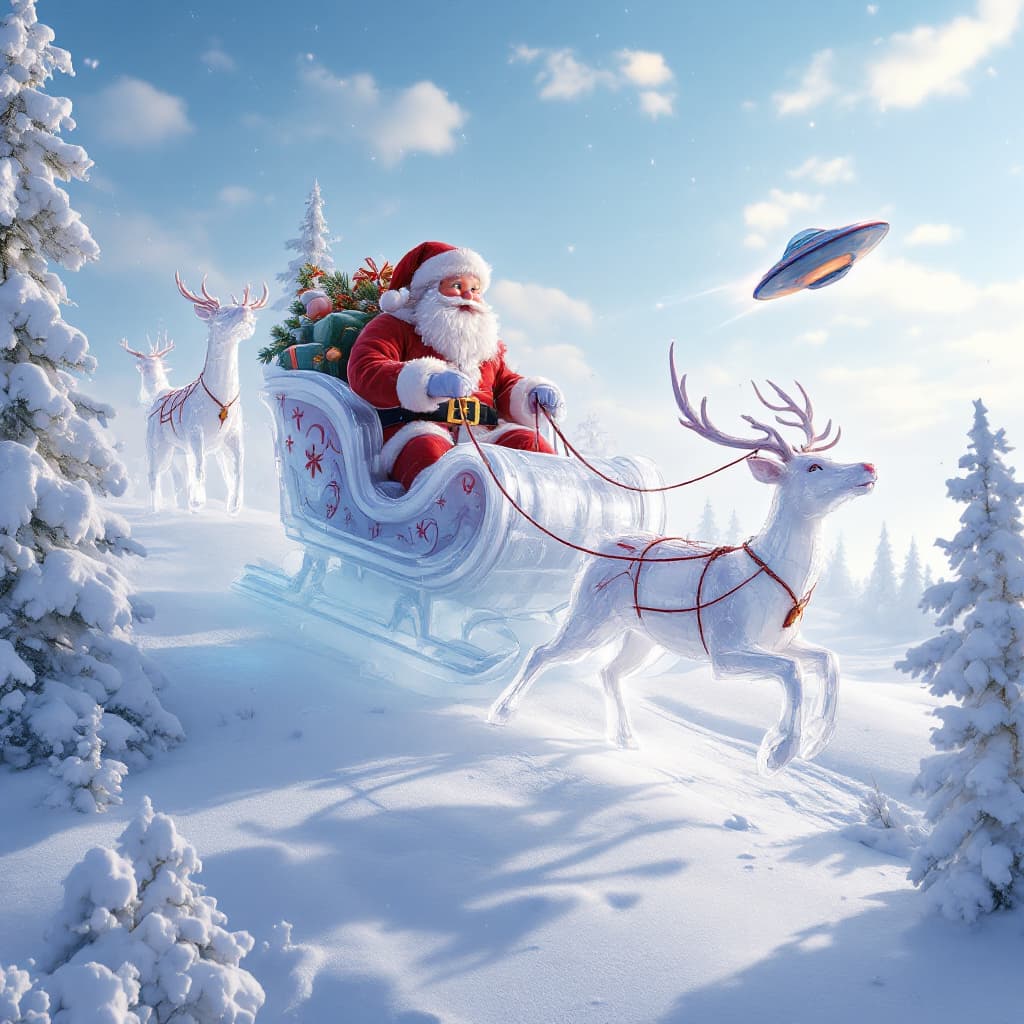 AI generated:  Ice fairytale sculptures of Santa in an ice sleigh pulled by ice deer,  in the sky , dogfight with ...
