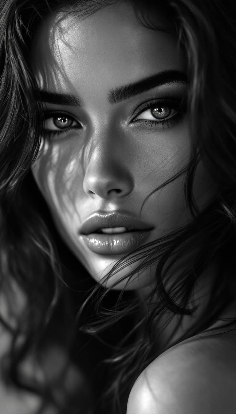 AI generated: "In this striking high-resolution black and white portrait, a supermodel exudes an ethereal allure, ...