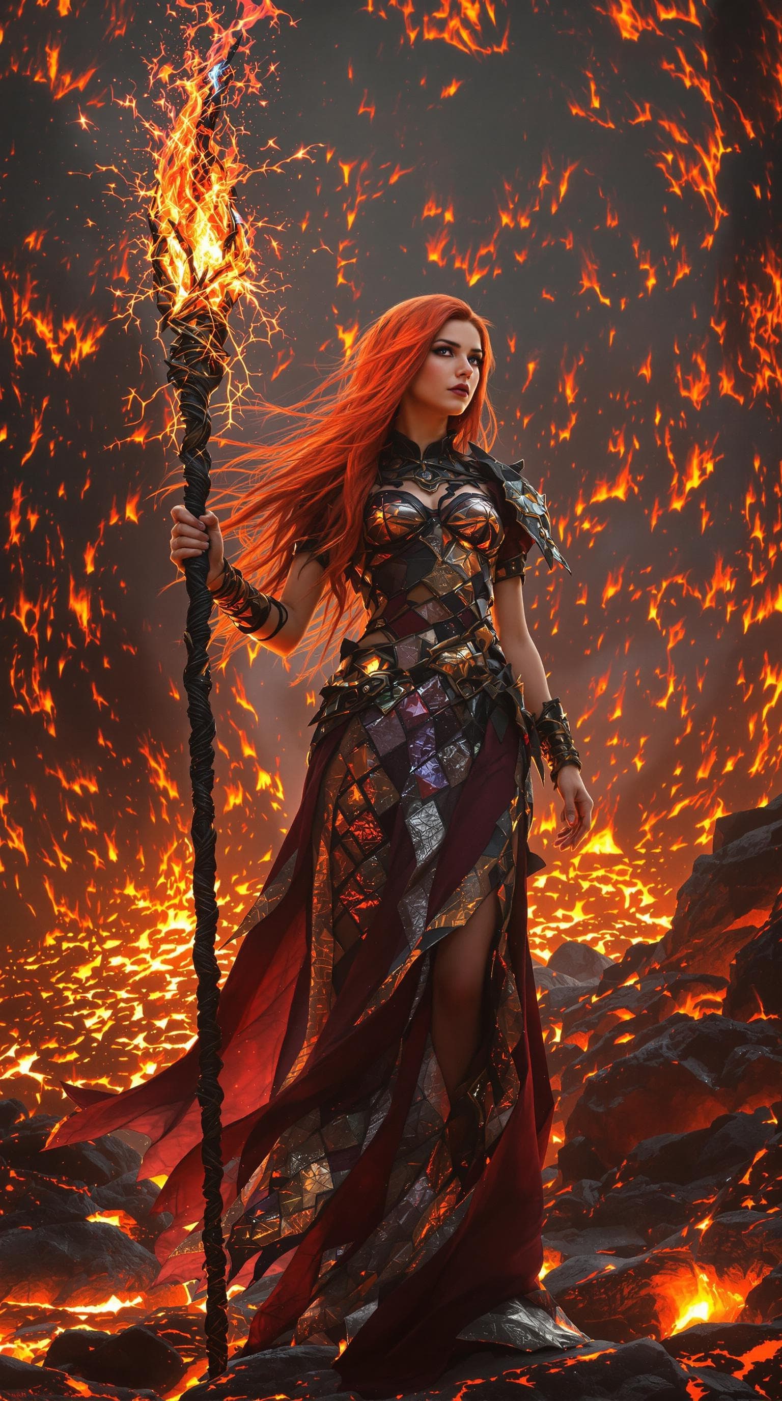AI generated: A young sorceress with fiery red hair cascading down her back, clad in a patchwork of shimmering dra...