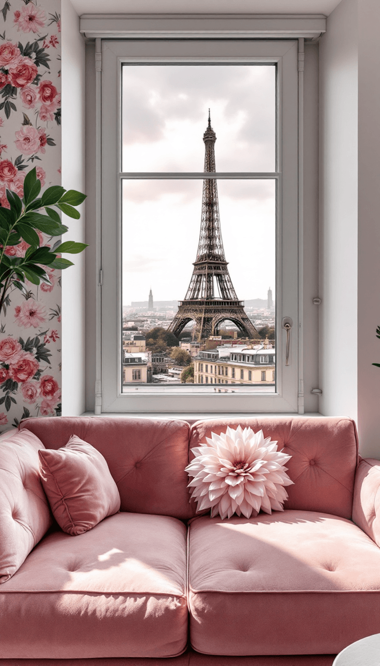 AI generated: a Parisian loft with views of the Eiffel Tower, romantic modern decor, floral wallpaper, feminin vel...
