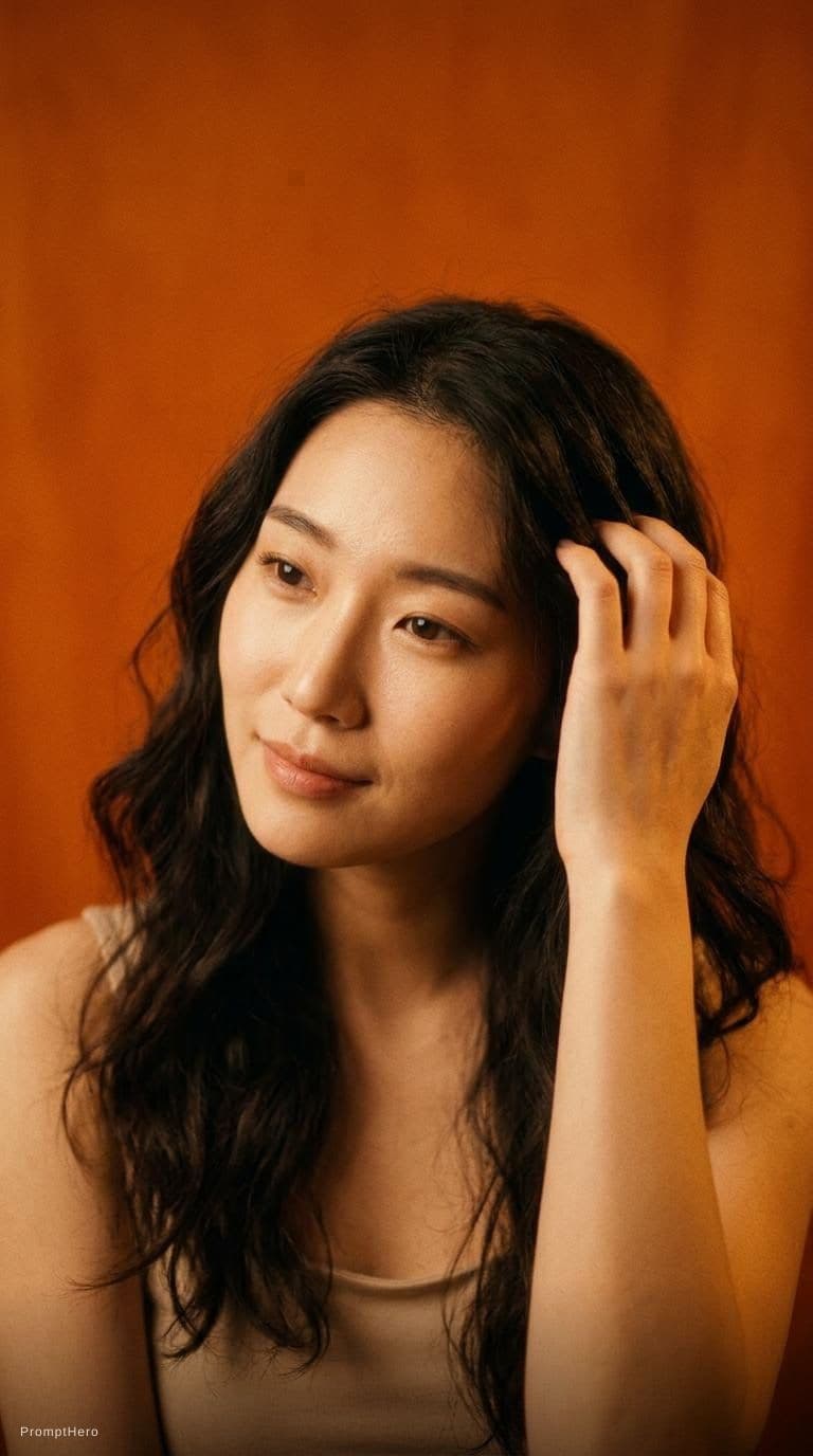 AI generated: Cinematic vertical video (9:16), single Korean female model posing in a studio. Solid orange backdro...