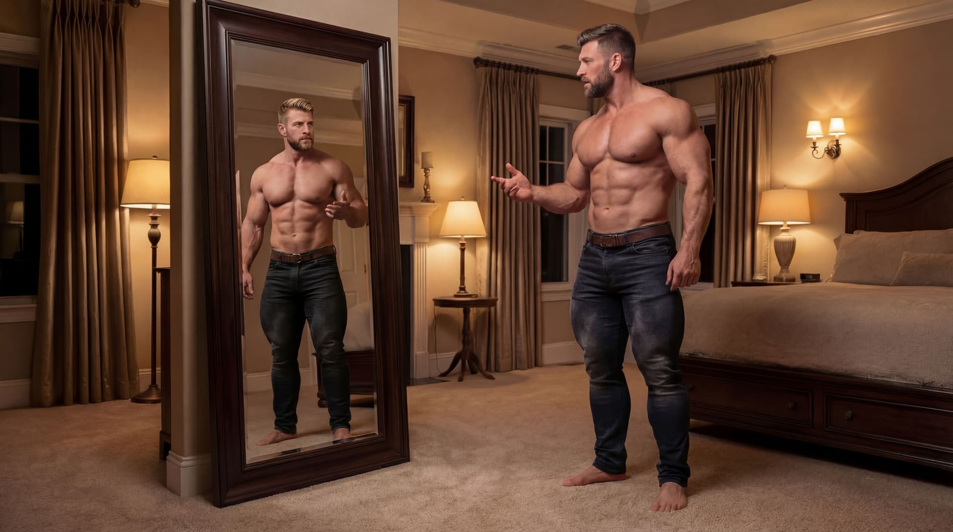 AI generated: Change his face, so in the mirror's reflection 