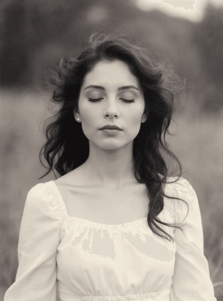 AI generated: Monochromatic outdoor portrait of a woman, eyes closed, flowing hair, light dress, serene expression...