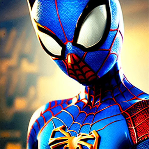 AI generated: cat head anthropomorphic humanoid body, marvel movie poster, spiderman character, blue spiderman sui...