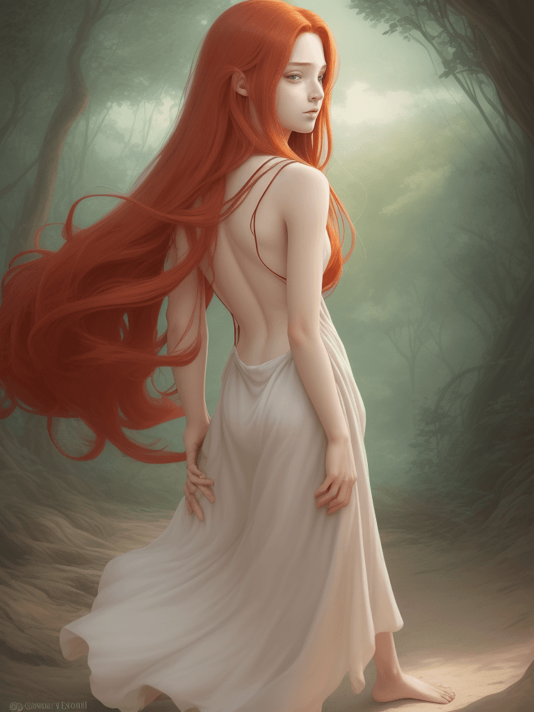AI generated: stunning digital illustration, 20yo male showing her back to camera, soft features, posing, long red...