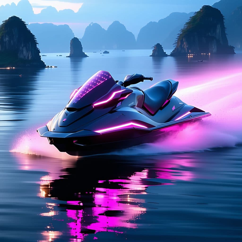 AI generated: Futuristic jet ski with a sleek design, featuring a windshield capsule allowing it to submerge under...