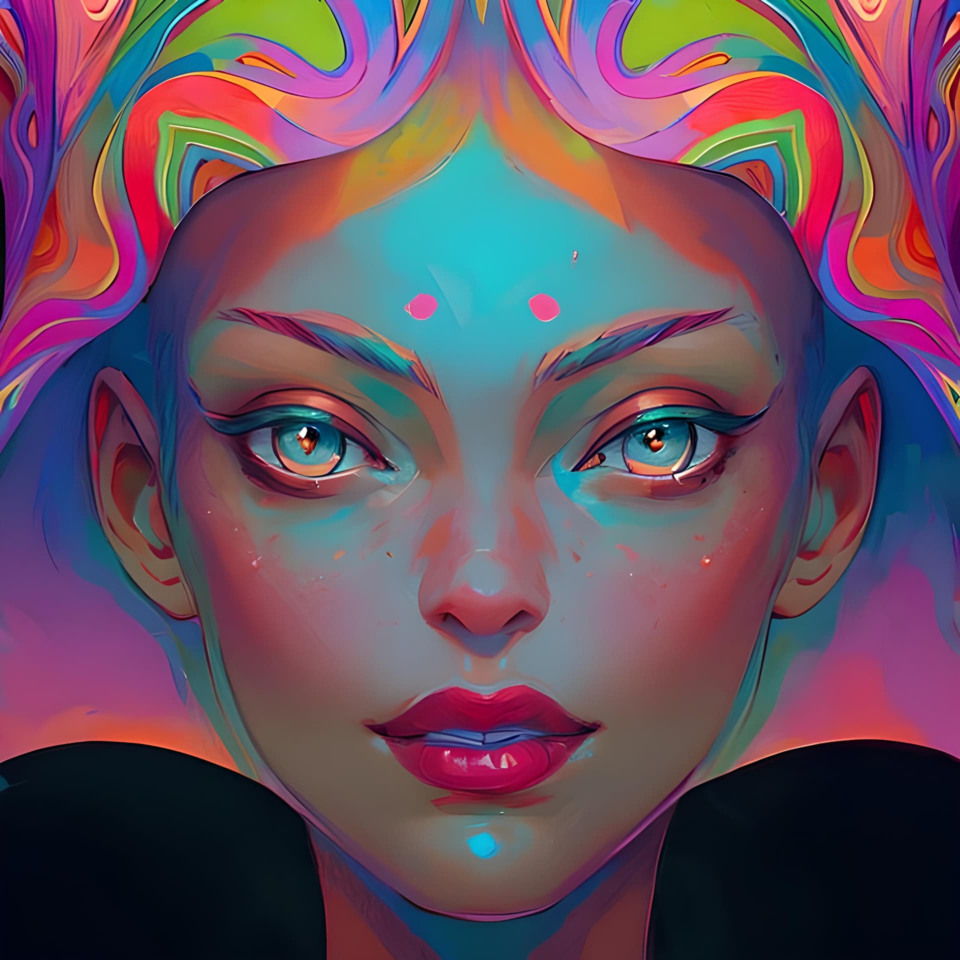 AI generated: a digital painting of a woman with colorful hair, by loish, psychedelic art, epic fantasy digital ar...