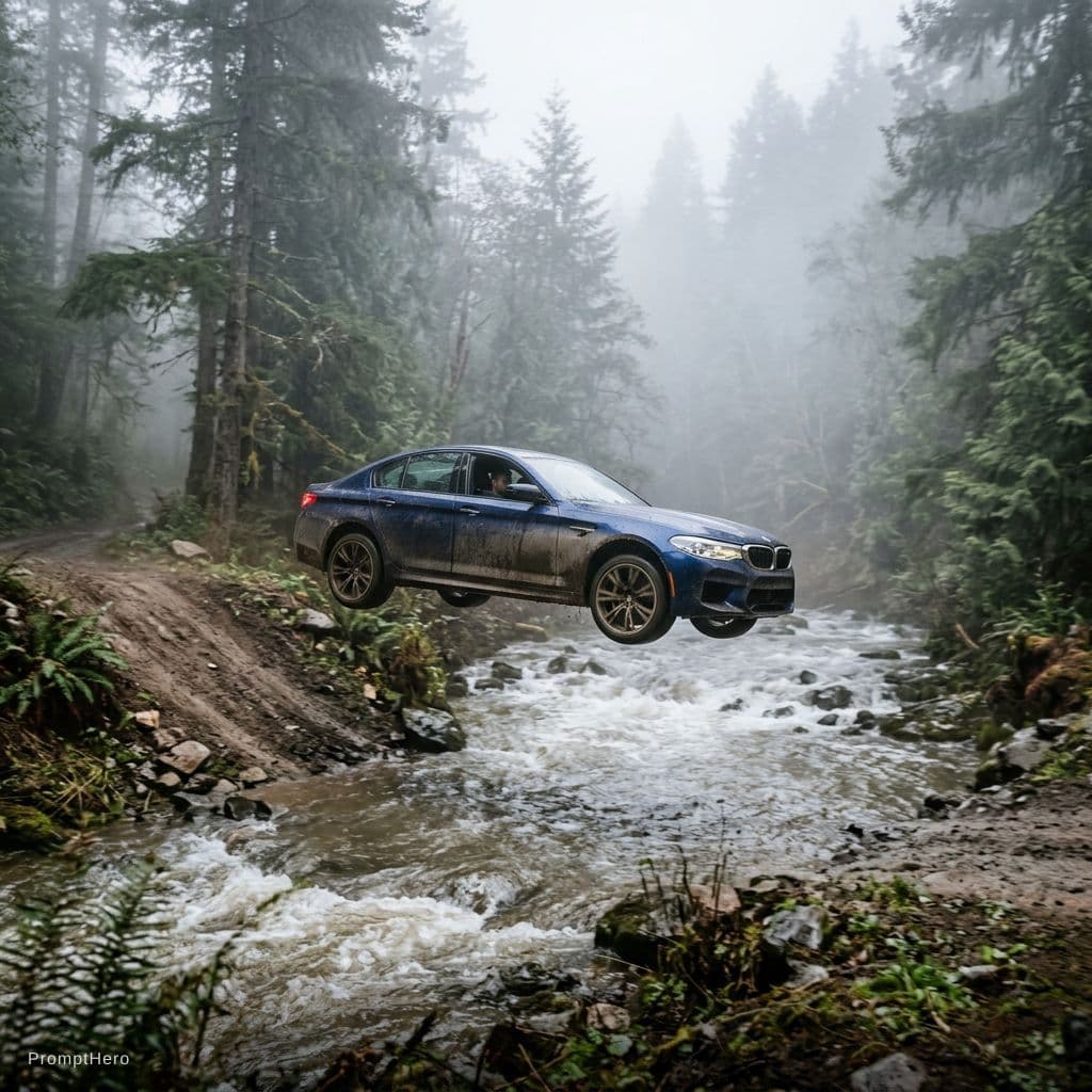AI generated: CREATE A BMW M5 CAR IS IN FOREST IN FRONT OF RIVER AND BMW M5 WAS JUMP  THE RIVER TO CROSS WITH WHIT...