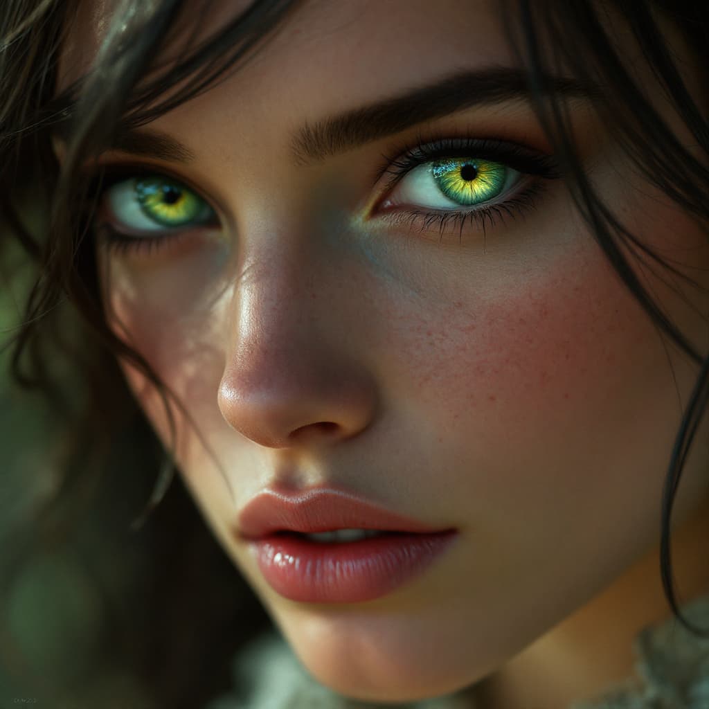AI generated: a woman with green eyes, in the style of realism with fantasy elements, daz3d, fine art realism, mag...