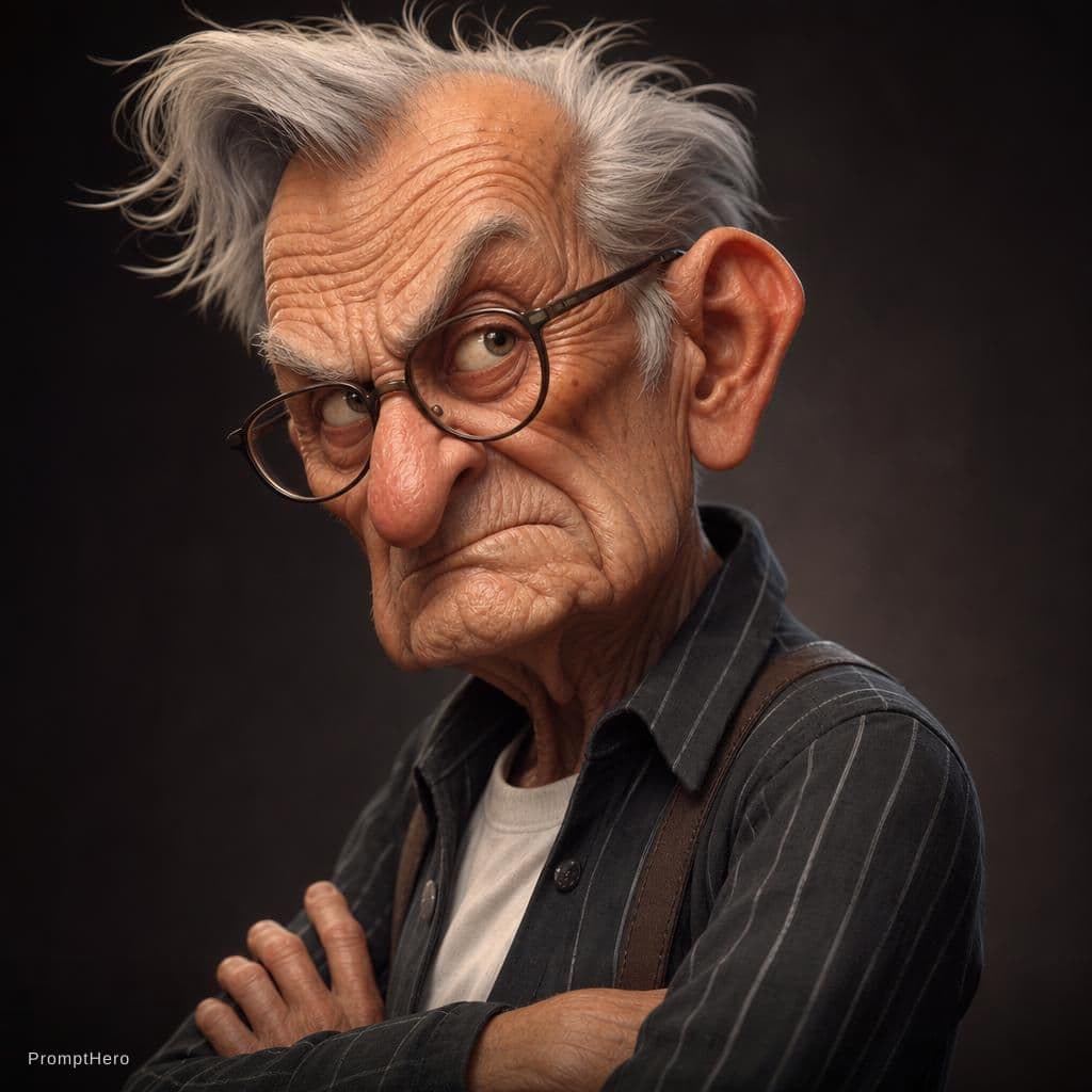 AI generated: Expressive caricature in pixar style unreal charming seemingly mischievous irritated very old man wi...