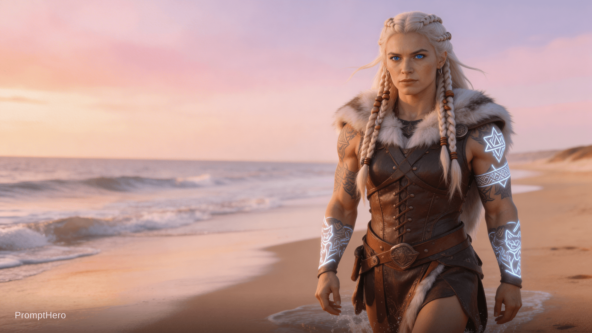AI generated: Stunningly photorealistic image of a beautiful Viking woman walking along a serene beach, her tattoo...