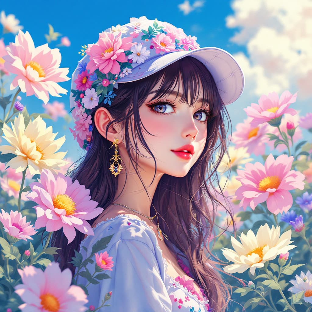 AI generated: woman, anime, a flowers with bright colors, with cap