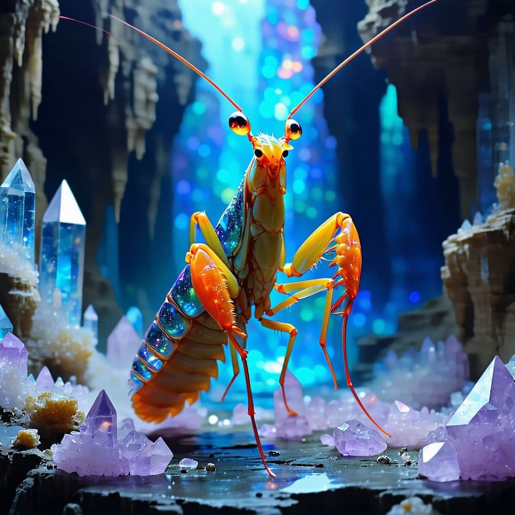 AI generated: A human-mantis shrimp hybrid whose eyes are living prisms that split reality into 16 different dimen...