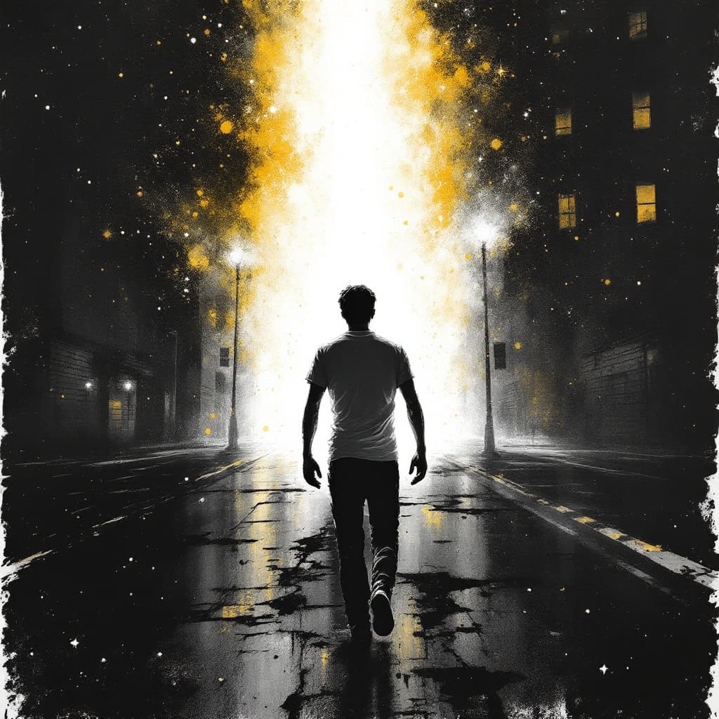 AI generated: Artistic illustration of a cold, desolate  
 city night,  a lone figure (man) wearing only a white t...