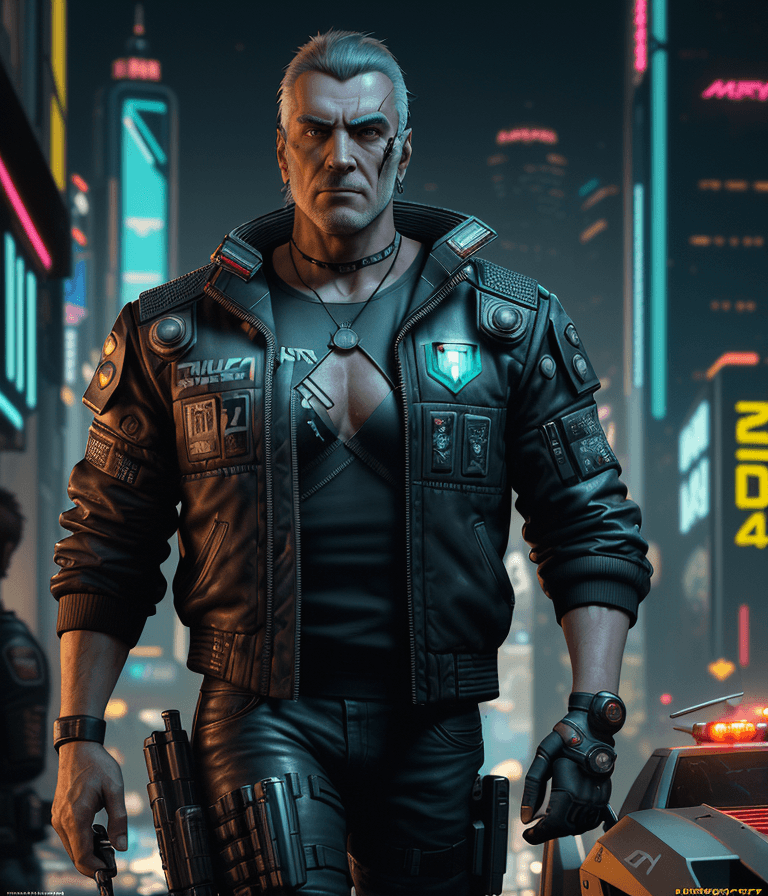 AI generated: a male protagonist of cyberpunk 2077 with a big jowline,it's a italian man,a tuft, brown hair, red e...