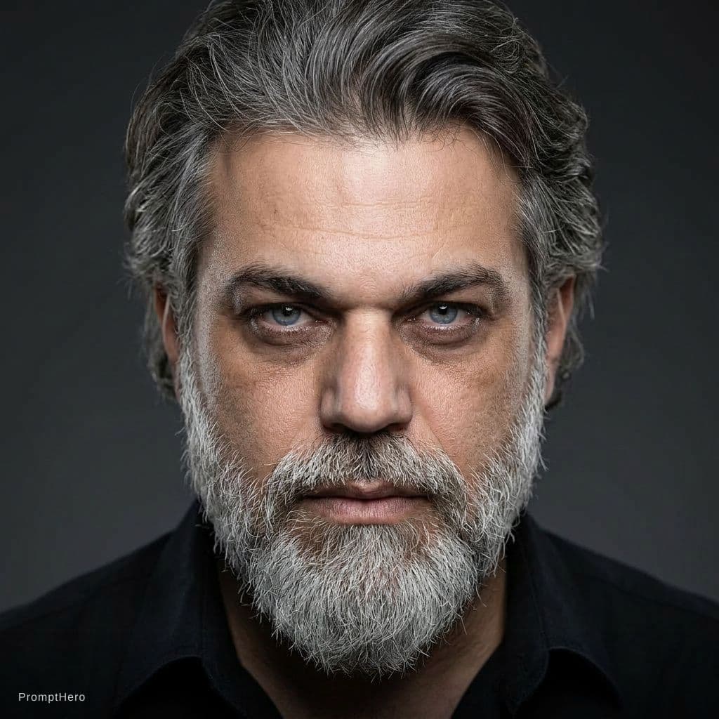 AI generated: Ultra-realistic cinematic close-up portrait of a rugged middle-aged man with salt-and-pepper hair an...