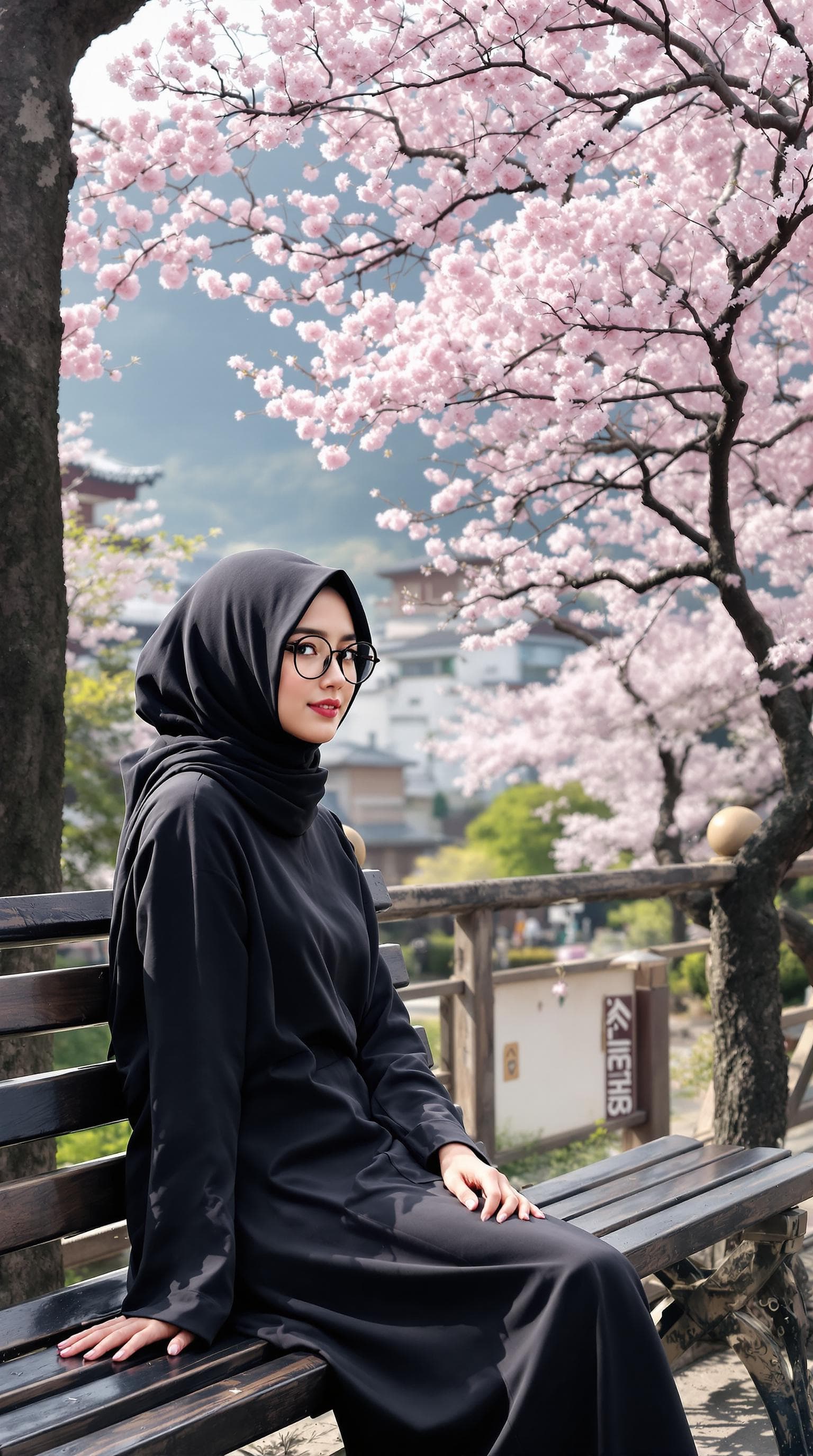 AI generated: beautiful girl, japanese girl, black hijab, round glasses, wearing a black shirt, long skirt, sittin...