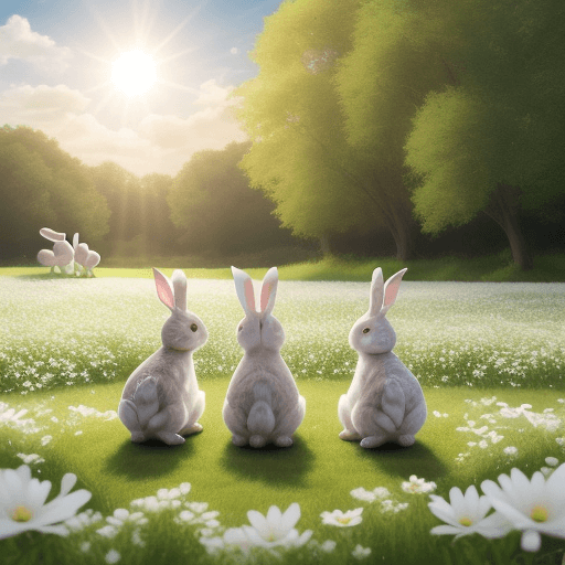 AI generated: five small photo-realistic rabbits playing on a green field with lots of white flowers, sun from beh...