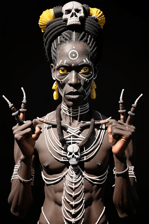 AI generated: A male voodoo priest with dark complexion skin, voodoo symbols drawn on face, yellow eyes, symmetric...