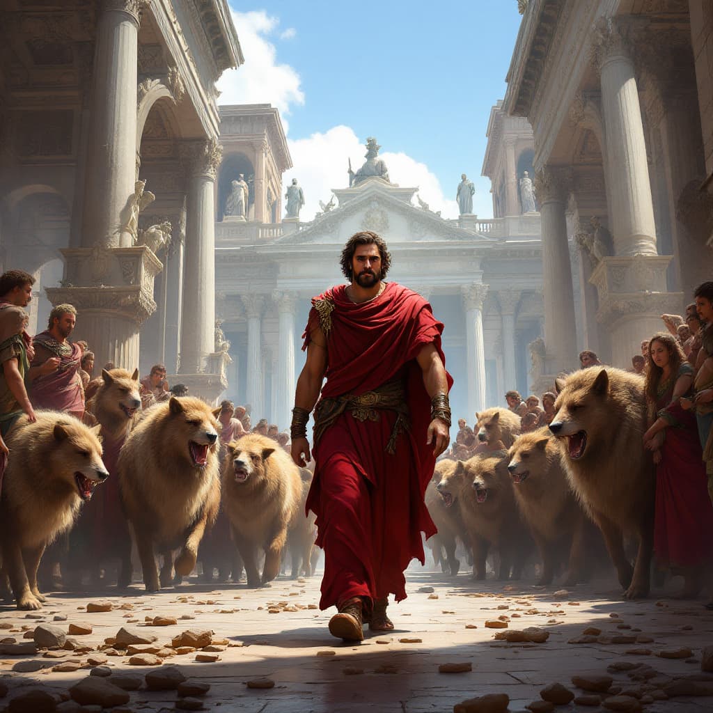 AI generated: An illustration of a man walking through the streets with people in ancient Rome, Animals are carryi...