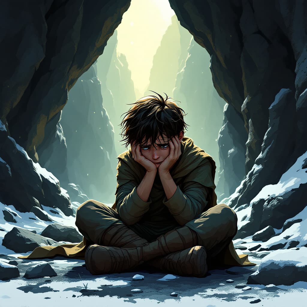 AI generated: Create an emotional scene featuring a young hero, around 12 years old with brown hair, inside a gian...