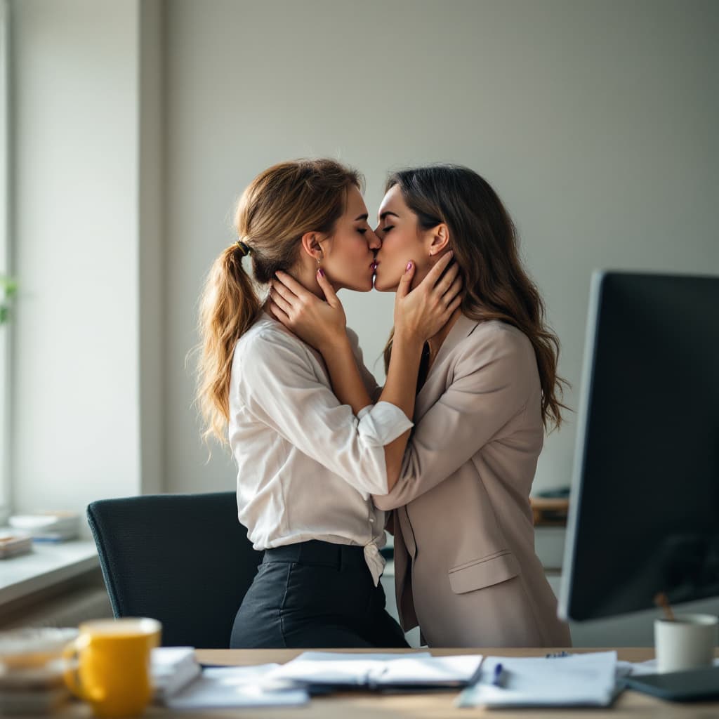 AI generated: Two lesbian women sharing a passionate kiss in an office, standing by a desk. One woman holds the ot...