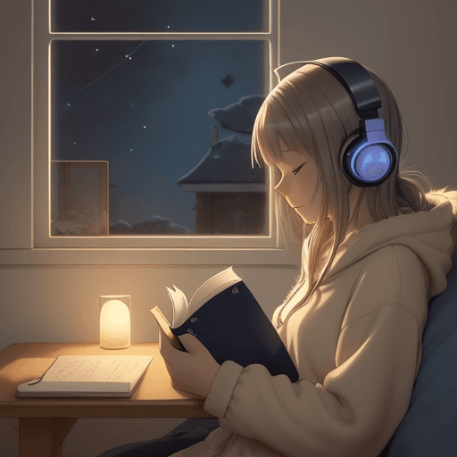 AI generated: Create a 10-second anime video featuring a girl with headphones, sitting in a cozy room. She is read...