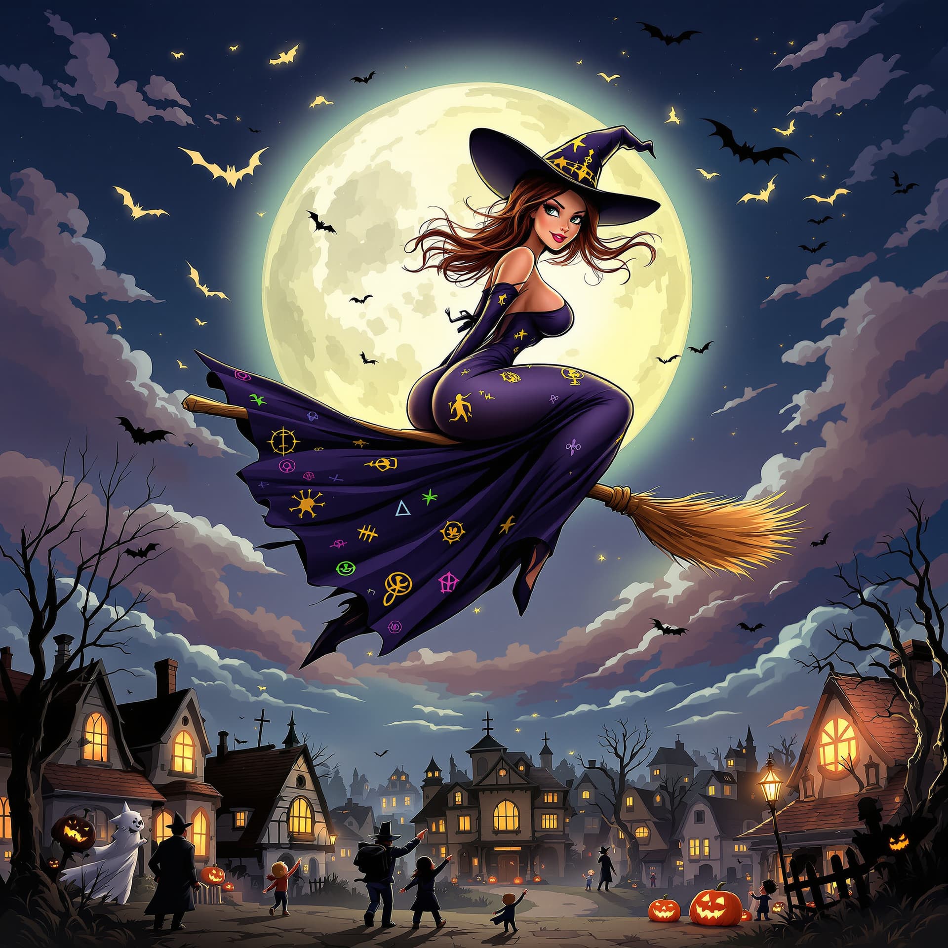 AI generated: cartoon, jab style, a beautiful, voluptuous witch in a long, form fitting gown adorned with mystic s...