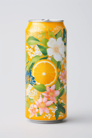 AI generated: Package design, Pan Shot of a refreshing citrus beverage, with a vibrant and modern label design, sh...