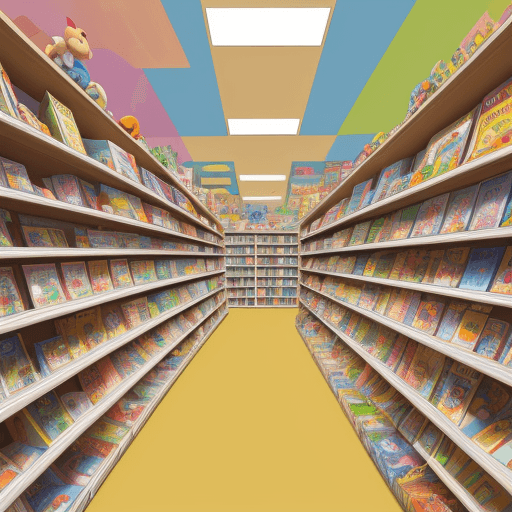 AI generated: 2D picture for a children's book,
there are thousands of colorful toys on the high shelves
