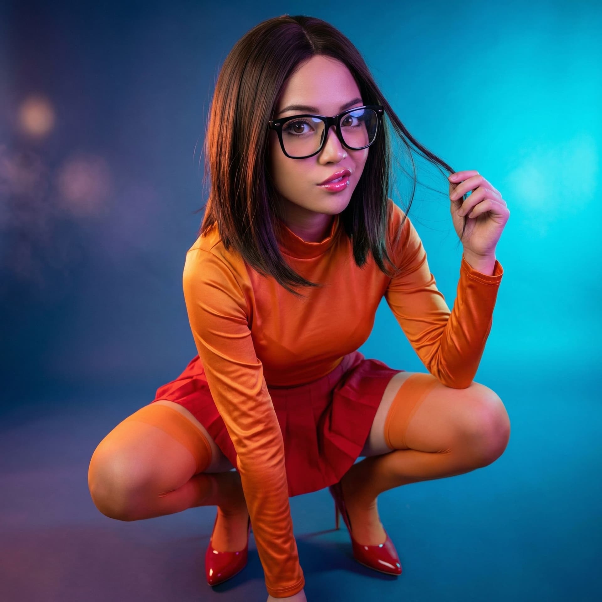 AI generated: Hyper-realistic professional cosplay portrait inspired by Velma Dinkley pelo negro y de frente cabel...