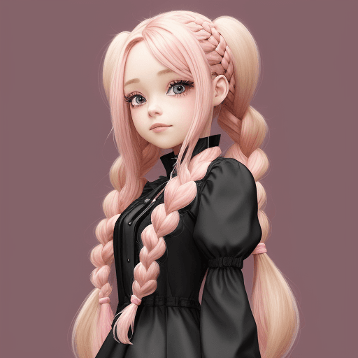 AI generated: computer character girl with two braids of blonde hair pink and black dress and cute

