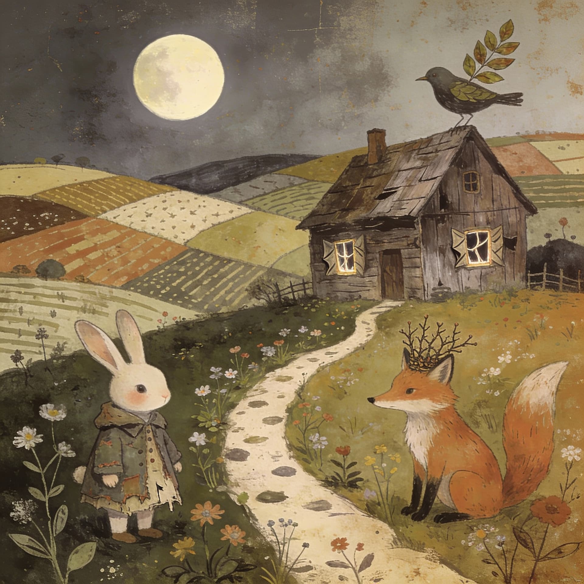AI generated: muted earth tones, vintage texture, surreal folk art, poetic melancholy, soft brushwork, storybook i...