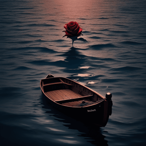 AI generated: a lonely rose in a boat floating in dark waters