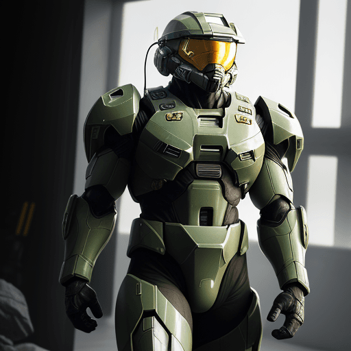 AI generated: master chief 117, muscular hunk, in combat, hyper realistic 8K image quality, movie lighting, powerf...