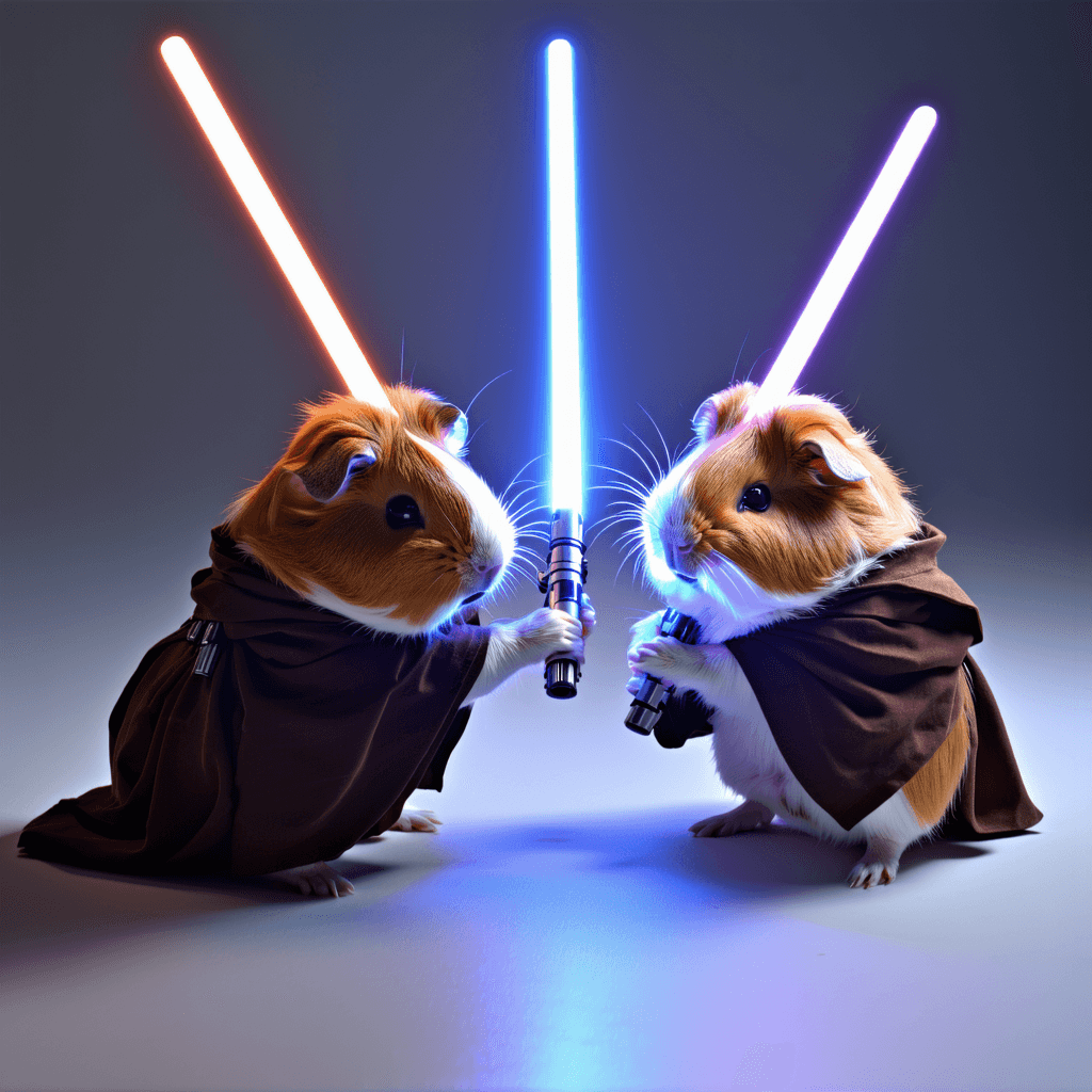 AI generated: highly detailed guinea pigs wearing jedi robes have stumbled upon lightsabers, engaging in an unlike...