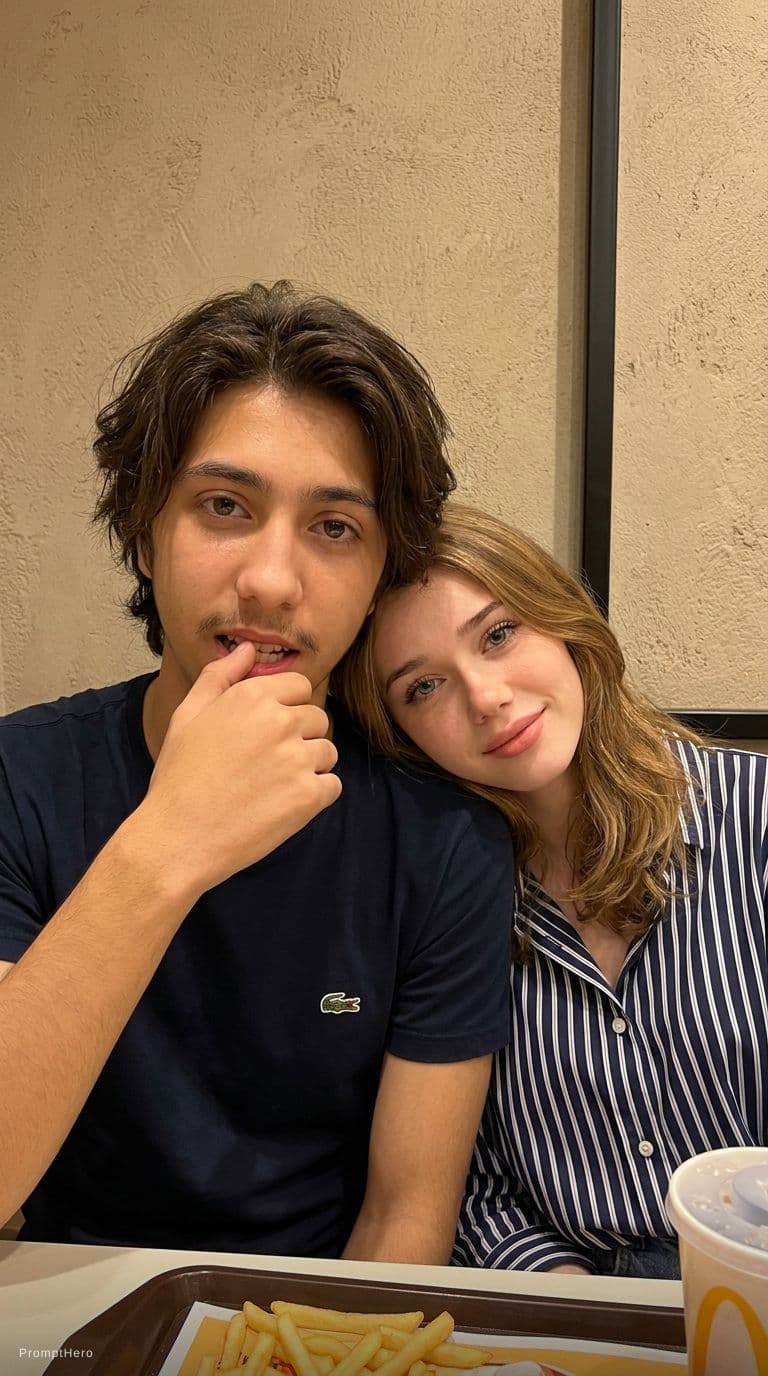 AI generated: Ultra-realistic candid selfie of a young couple sitting indoors at a cozy café, warm ambient tungste...