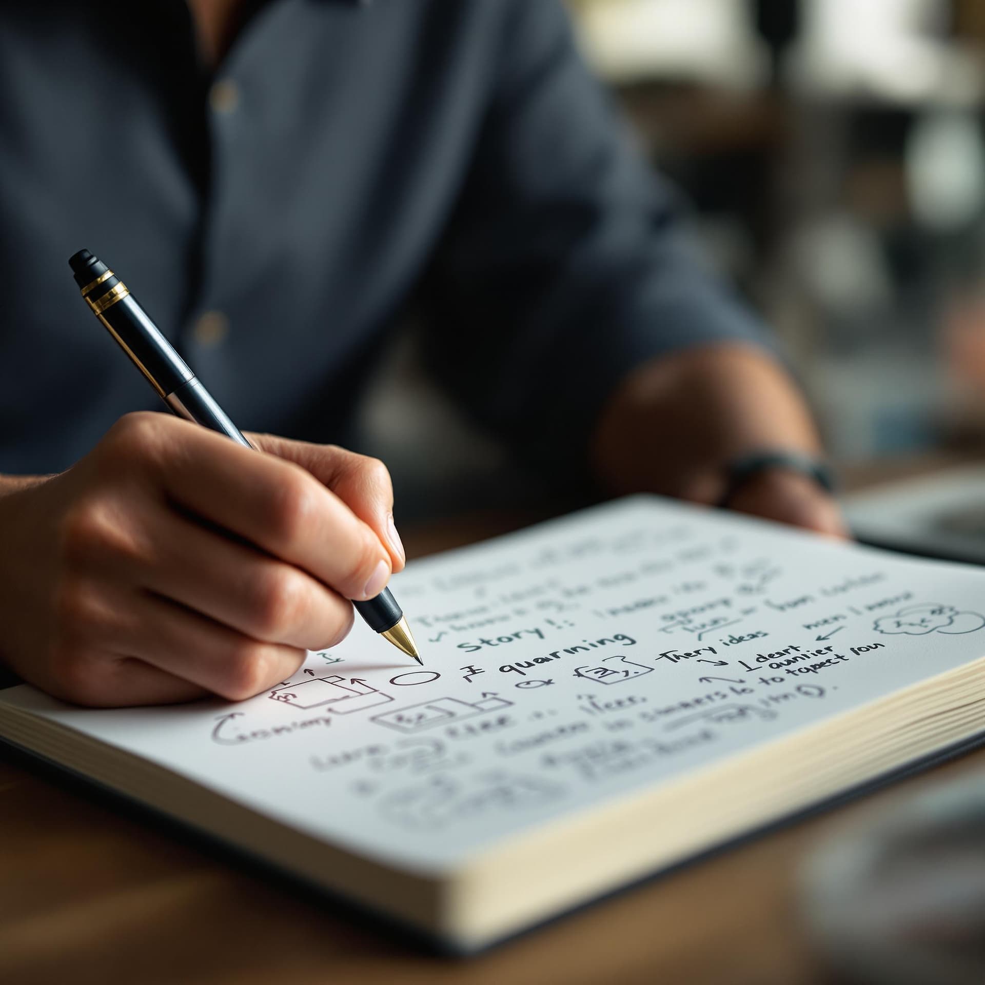 AI generated: A person brainstorming story ideas with a notebook and pen. dslr, ultra quality, sharp focus, tack s...